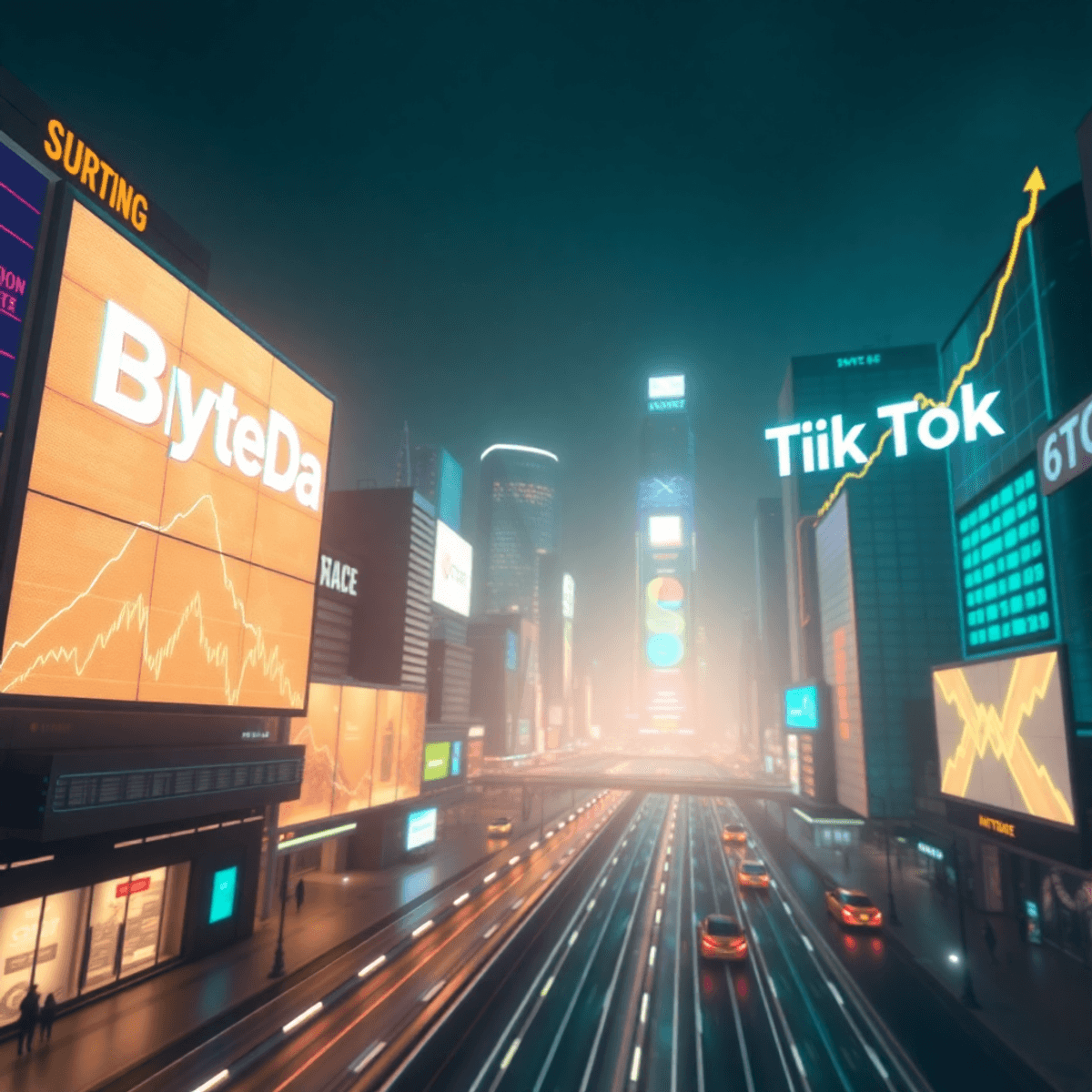 Futuristische Stadt mit leuchtenden Bildschirmen, die ByteDance- und TikTok-Logos zeigen, umgeben von steigenden Börsengraphen und Investment-Symbolen.