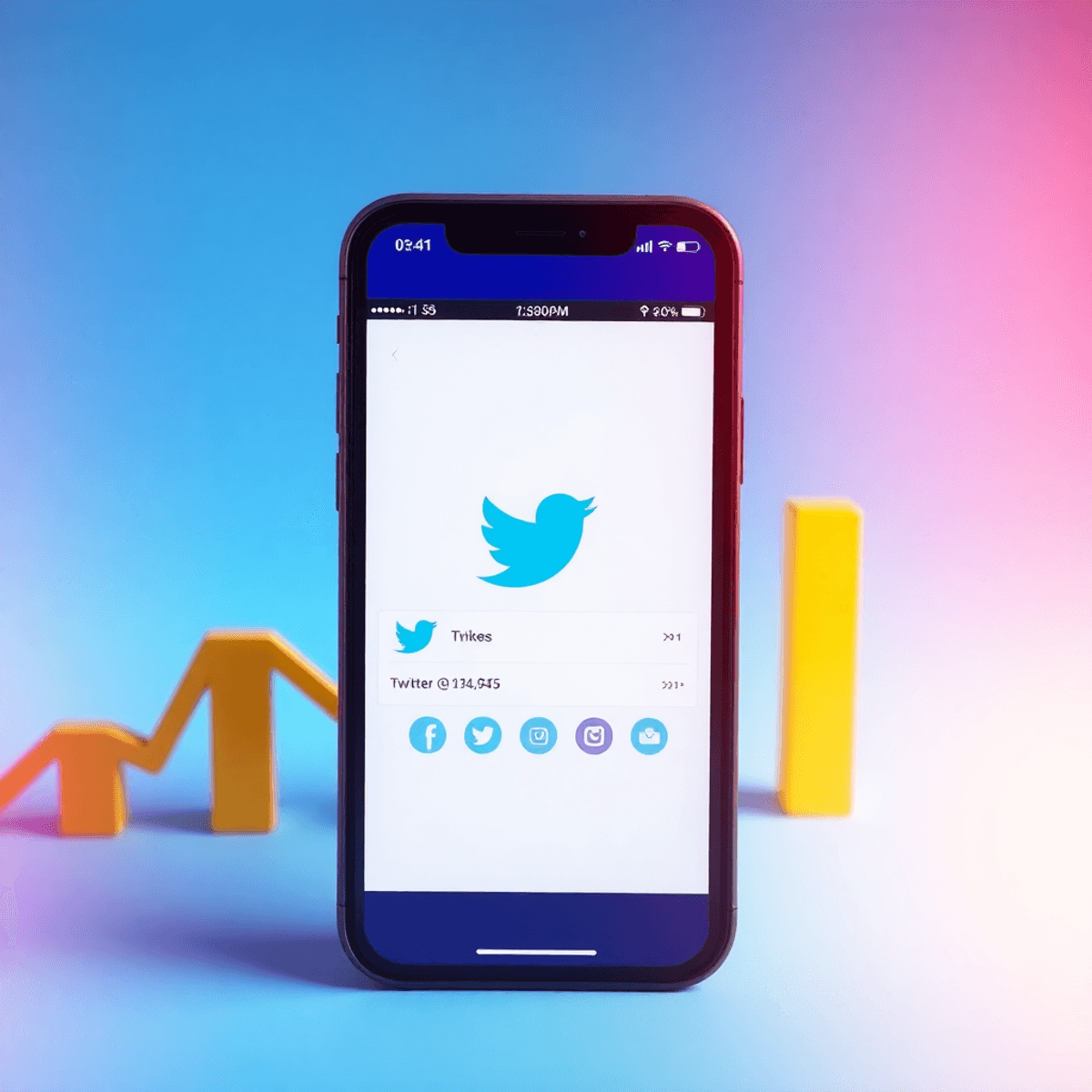 Smartphone mit Twitter-Oberfläche, steigende Likes und Engagement-Symbole vor hellem blauem Hintergrund, realistisch dargestellt.