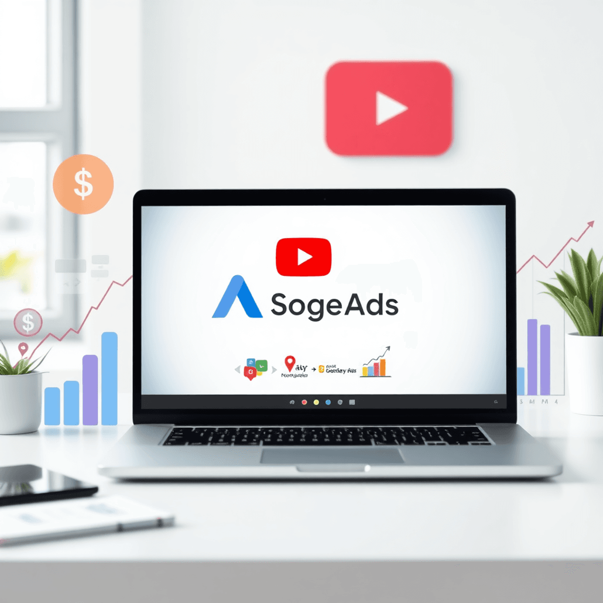 Moderner digitaler Marketing-Arbeitsplatz mit Laptop, Google Ads-Bildschirm, YouTube-Logo und Marketing-Symbolen wie Grafiken und Dollarzeichen.