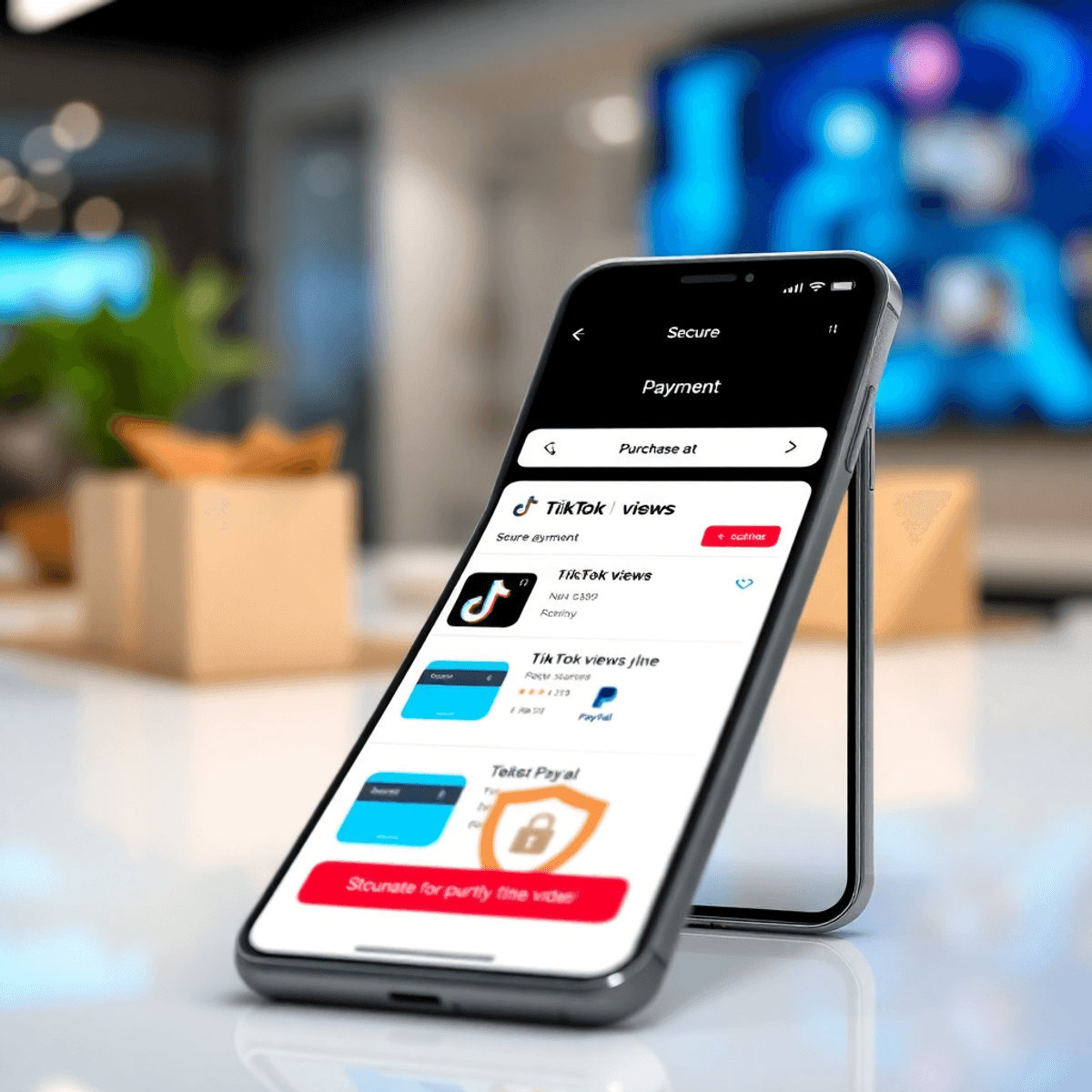 Smartphone zeigt sicheres Zahlungsinterface für TikTok-Views-Kauf mit Kreditkarten-, PayPal- und Sicherheitssymbolen vor modernem Hintergrund.