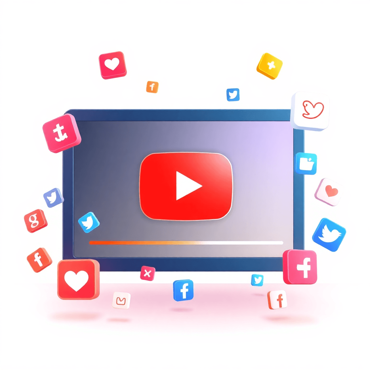 Digitale Illustration eines YouTube-Videoplayers mit schwebenden Social-Media-Share-Icons auf einem sauberen, modernen Hintergrund.