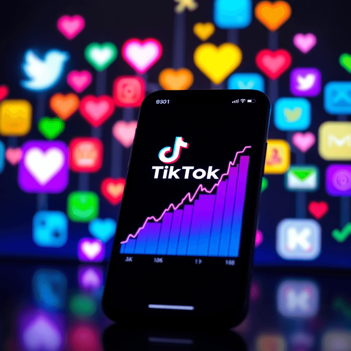 Smartphone zeigt die TikTok-App mit lebendigen Aktienmarktgraphen und leuchtenden sozialen Medienikonen, die Wachstum und Innovation im Bereich der Investitionen in soziale Medien symbolisieren.