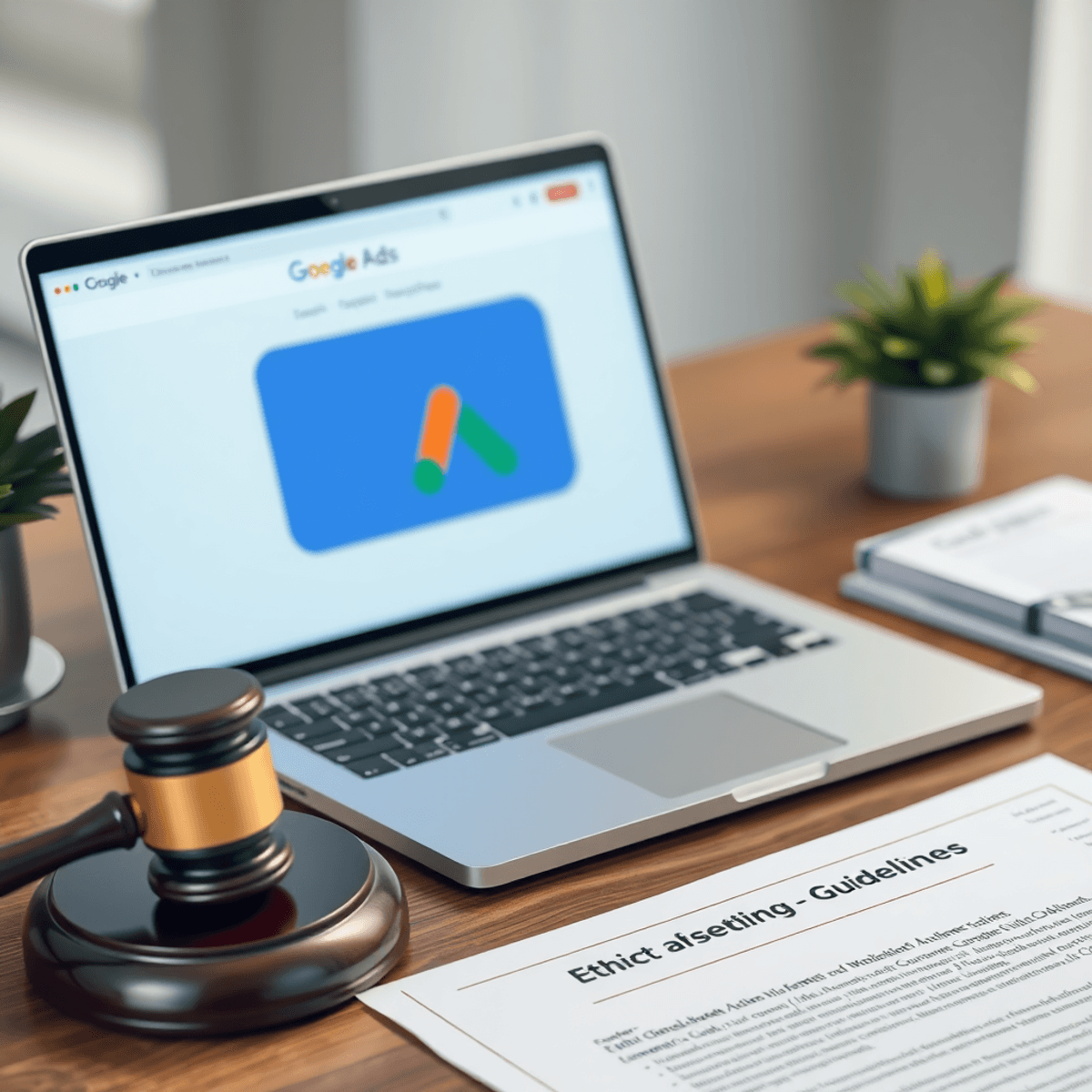 Moderner Arbeitsplatz mit Laptop, der Google Ads zeigt, neben juristischen Dokumenten und ethischen Richtlinien.