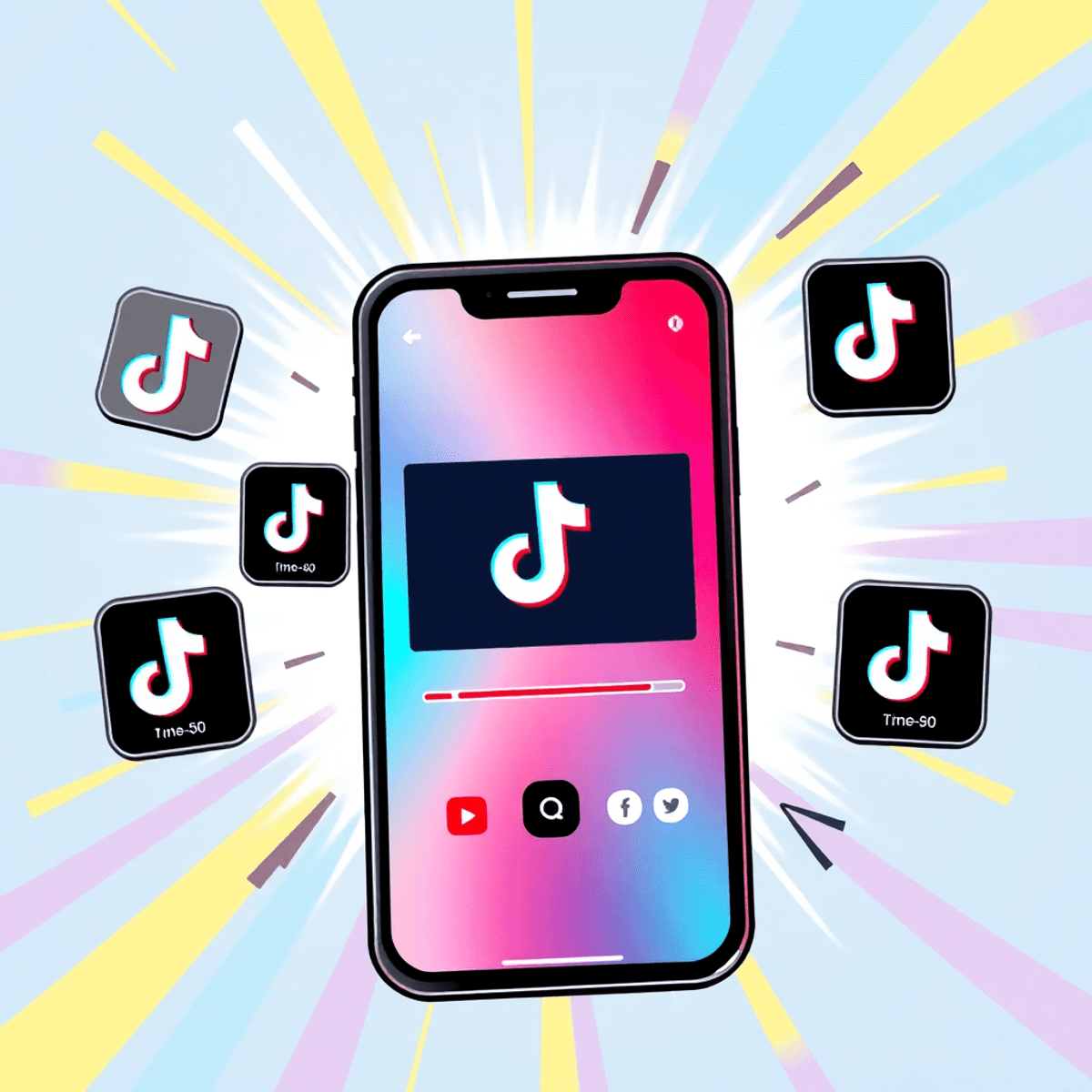Smartphone zeigt TikTok-Video mit Fortschrittsbalken, umgeben von Symbolen für Videolänge und Zeit vor dynamischem, farbenfrohem Hintergrund.