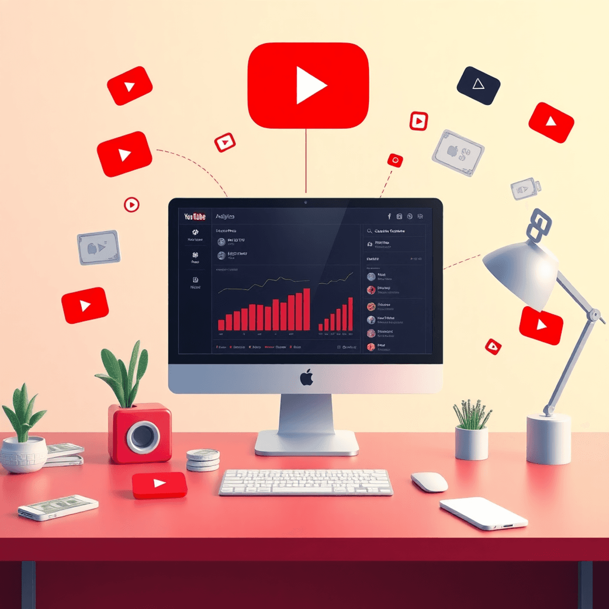 Moderner digitaler Arbeitsplatz mit YouTube-Analysen, Monetarisierungsdiagrammen und Symbolen für Geld, Videos und Content-Erstellung.