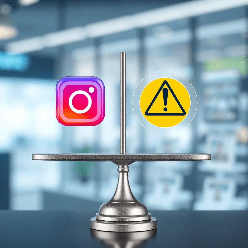 Eine Waage mit Instagram Reel-Symbolen auf der einen Seite und Warnzeichen auf der anderen, vor modernem digitalem Hintergrund.