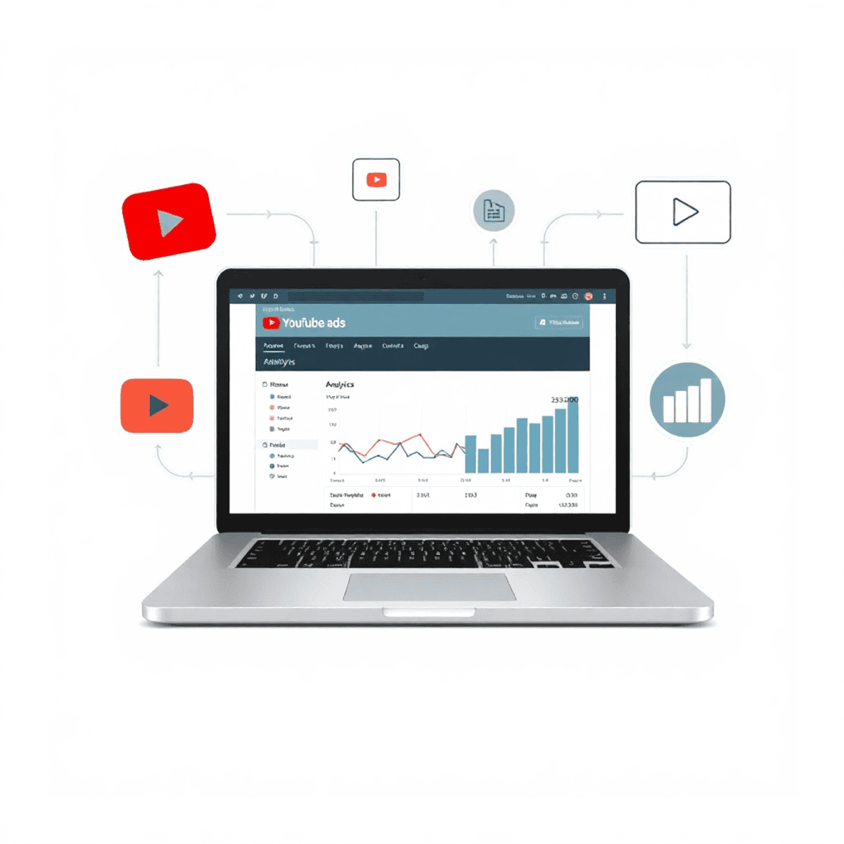 Laptopbildschirm mit YouTube-Werbeanalyse, umgeben von Video-Play-Icons und digitalen Diagrammen, modernes und professionelles Design.