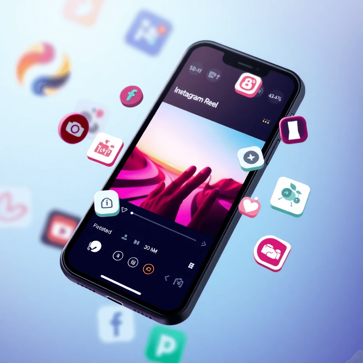 Smartphone-Bildschirm, der ein Instagram Reel mit Symbolen für Aufrufe, Likes und Shares vor einem bunten, modernen Hintergrund einer sozialen Medienoberfläche zeigt.