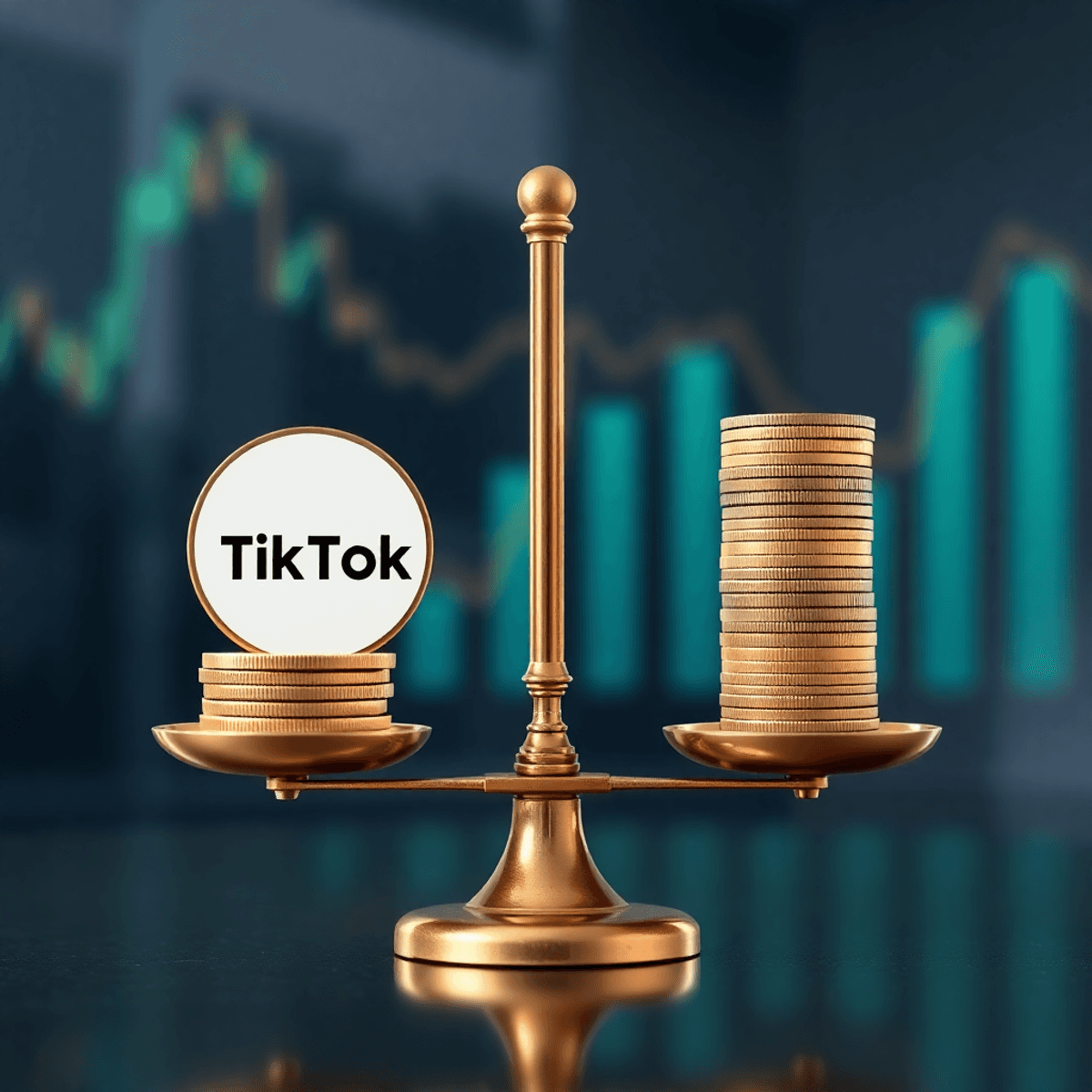 Ausgeglichene Waage mit TikTok-Logo auf einer Seite und Münzstapeln auf der anderen vor modernem Finanzhintergrund.