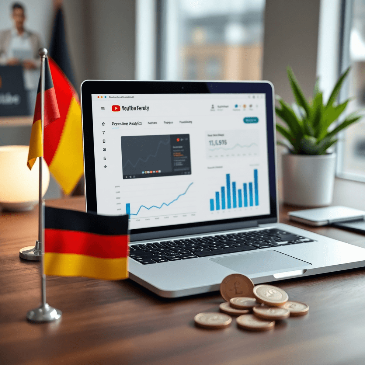 Laptop, der YouTube-Analysen und Monetarisierungsdiagramme anzeigt, mit einer kleinen deutschen Flagge und Währungssymbolen auf einem modernen digitalen Arbeitsplatz.