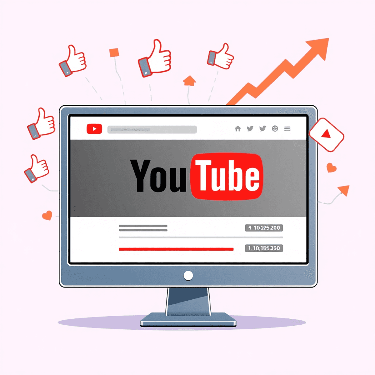 Digitale Illustration eines Computerbildschirms, der ein beliebtes YouTube-Video mit steigenden Aufrufen zeigt, umgeben von Daumen-hoch-Symbolen, Wiedergabetasten und Aufwärtspfeilen.