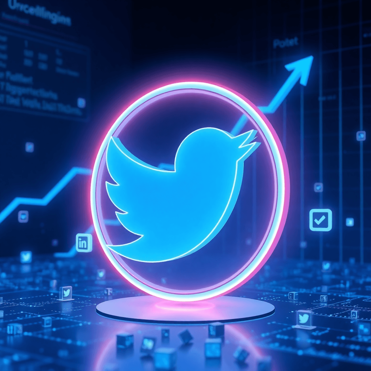 Futuristische digitale Landschaft mit großem leuchtendem Twitter-Logo, schwebenden Like-Symbolen und steigendem Graph im Hintergrund in lebhaftem Blau.