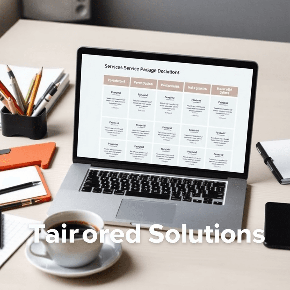 Professioneller Arbeitsplatz mit Laptop, der Servicepaket-Optionen zeigt, umgeben von Bürobedarf und Kaffeetasse, symbolisiert durchdachte Entscheidungen.