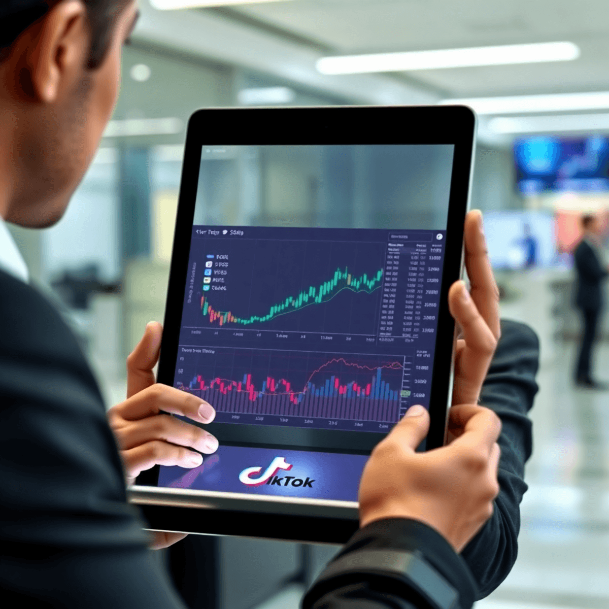 Geschäftsperson analysiert nachdenklich Aktiencharts auf Tablet mit TikTok-Logo, moderner Bürohintergrund, realistischer Stil.