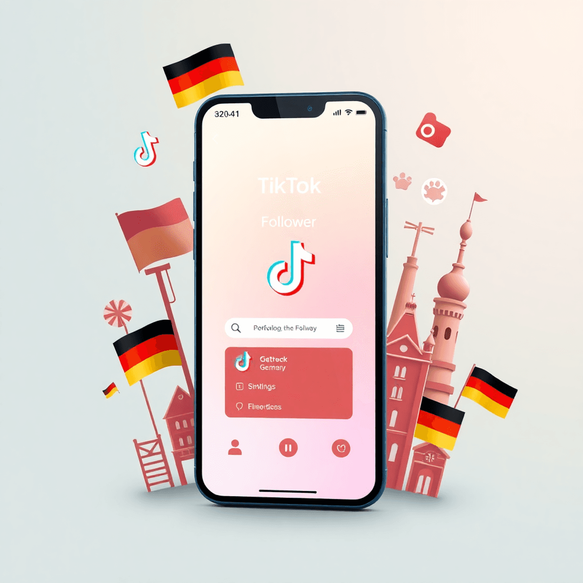 Smartphone mit der TikTok-App, das eine steigende Follower-Zahl zeigt, umgeben von der deutschen Flagge und bekannten Wahrzeichen in einer lebendigen, realistischen digitalen Illustration.