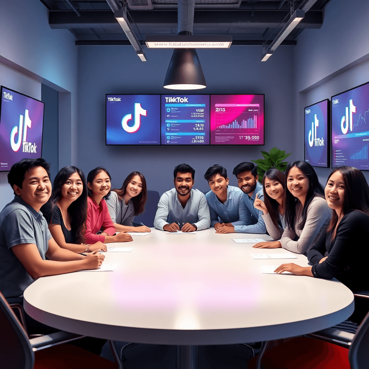 Moderner Arbeitsplatz mit Kreativen, die an einem Tisch zusammenarbeiten, umgeben von Bildschirmen mit TikTok-Logos und Social-Media-Analysen.