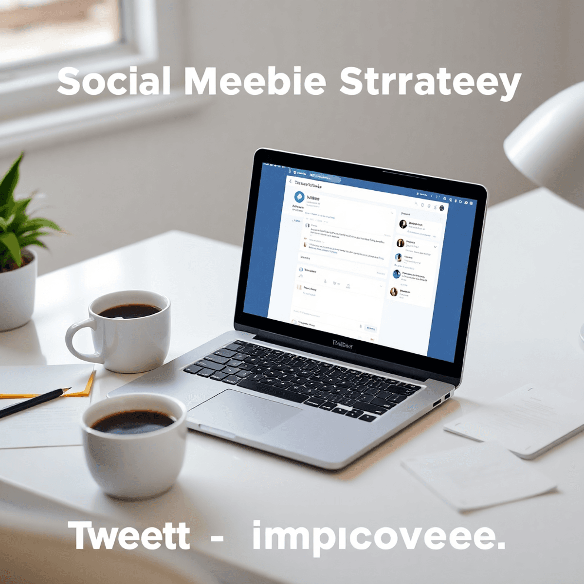 Moderner Arbeitsplatz mit Laptop, der Twitter-Feed zeigt, umgeben von Notizen und Kaffeetasse, symbolisiert Social-Media-Strategie und Tweet-Optimierung.