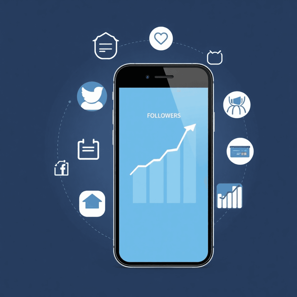 Smartphone zeigt steigende Social-Media-Followerzahlen, umgeben von Icons für Wachstum, Engagement und Analyse in modernem, professionellem Design.