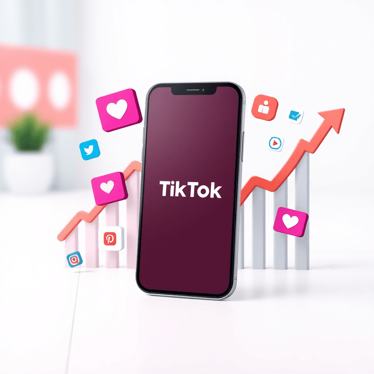 Smartphone mit TikTok-Logo, umgeben von aufsteigenden Grafiken und Social-Media-Icons vor modernem, hellem Hintergrund.
