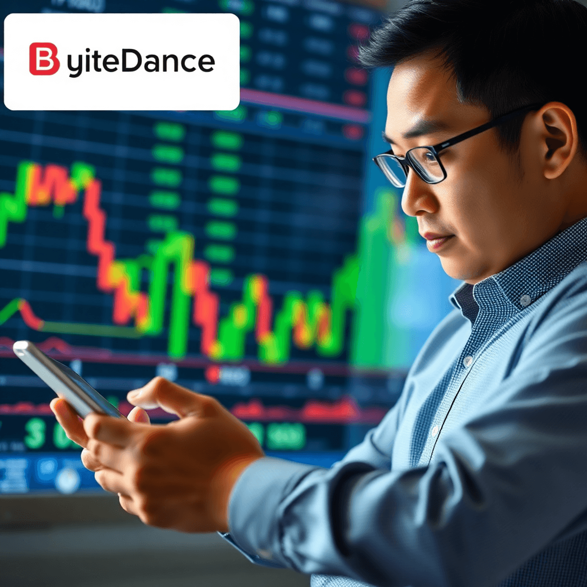 Nachdenklicher Investor betrachtet Aktiencharts auf Tablet, vor Finanzgrafiken mit dezent integriertem ByteDance-Logo.