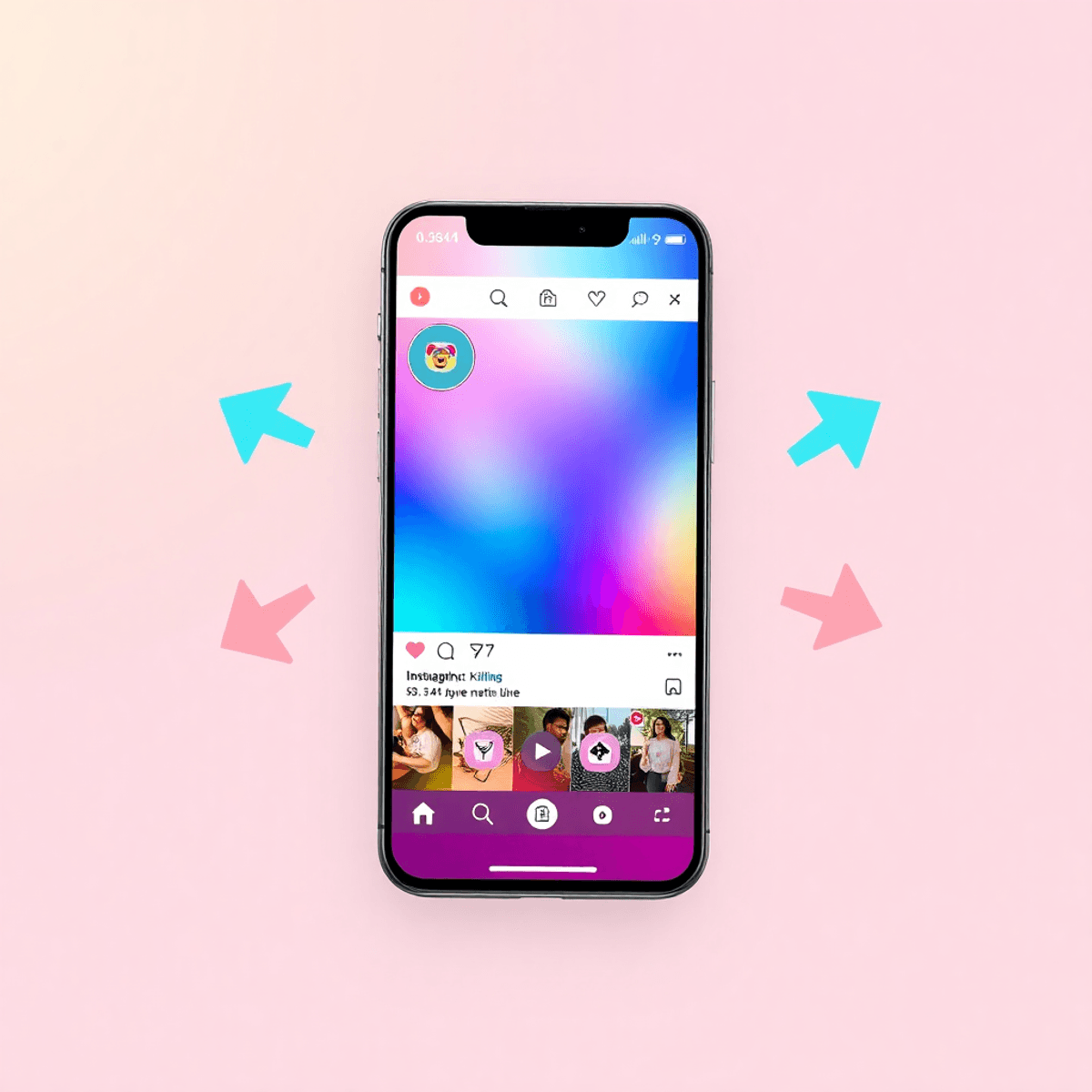 Smartphone, das ein lebendiges Instagram Reel mit vielen Likes und Interaktionssymbolen anzeigt, umgeben von dynamischen Pfeilen, die Wachstum anzeigen, vor einem hellen modernen Hintergrund.
