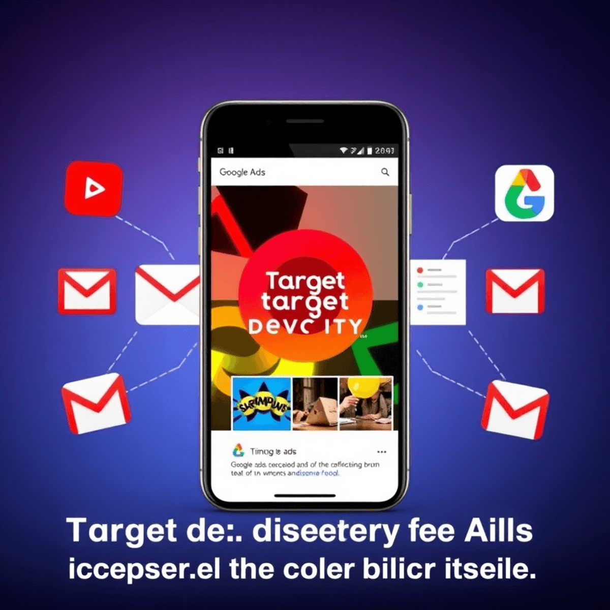 Smartphone-Bildschirm, der bunte Google Target Discovery-Anzeigen anzeigt, umgeben von Symbolen für YouTube, Gmail und Discover Feed, die gezielte Online-Werbung symbolisieren.