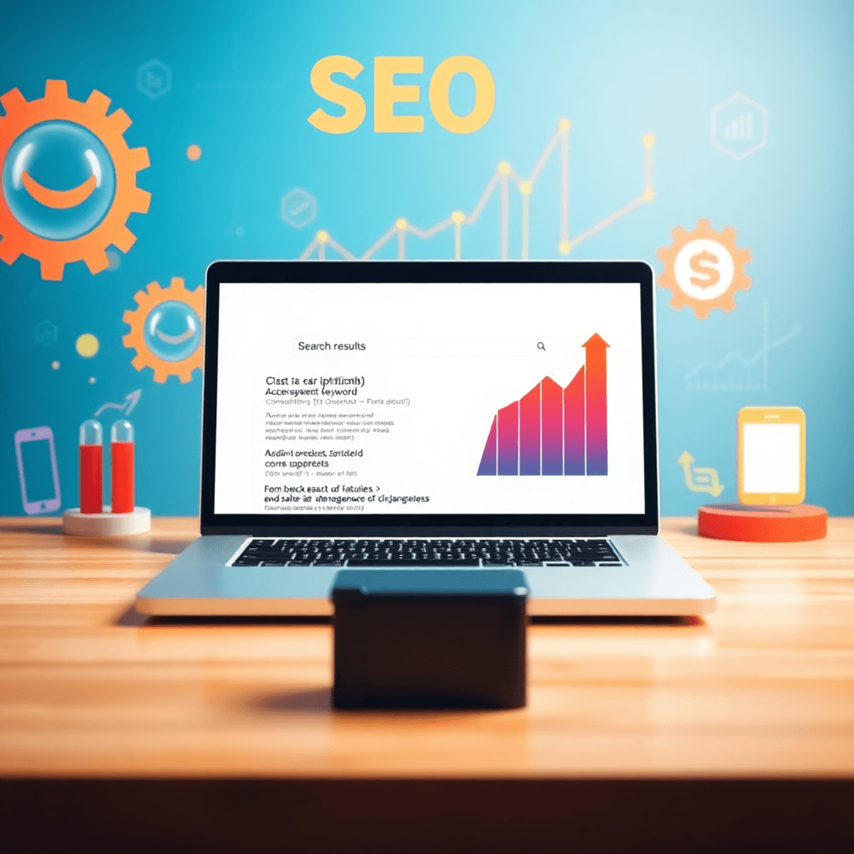 10 importance of website Builds Your Brand's Power A laptop screen shows a search engine results page with upward trending graphs and highlighted keywords, surrounded by gears and code snippets in a bright, inviting atmosphere.