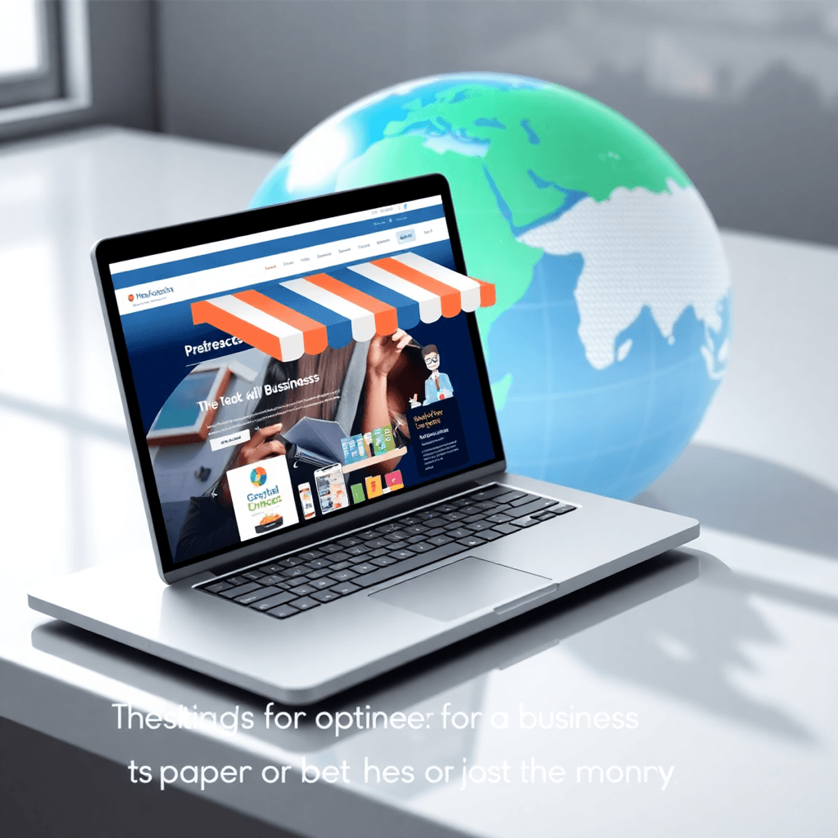 10 importance of website the Backbone of Your brand A modern laptop displaying a digital storefront interface, with a globe in the background, emphasizing professionalism and global reach through vibrant colors.
