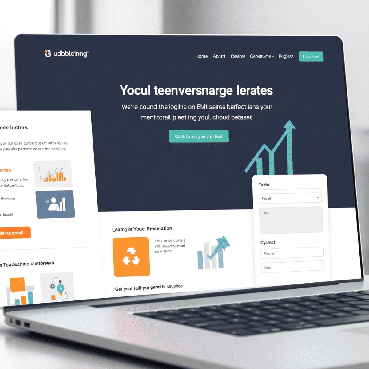 10 importance of website Builds Your Brand's Power A modern website interface featuring call-to-action buttons, email capture forms, and intuitive navigation, with symbols of growth and a professional color palette.