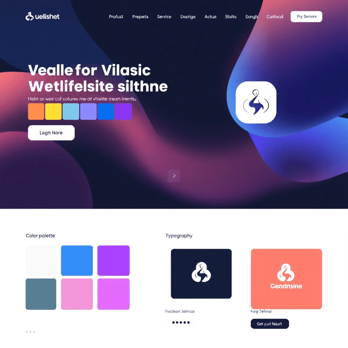 10 importance of website Builds Your Brand's Power A modern website interface displaying a color palette, logo, and typography against an abstract background, conveying creativity and professionalism.
