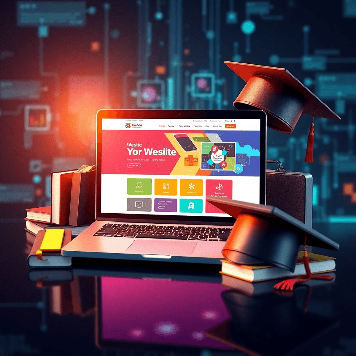 10 importance of website the Backbone of Your brand A modern laptop shows a colorful website design, surrounded by a briefcase, books, and a graduation cap, set against an abstract tech-themed background.