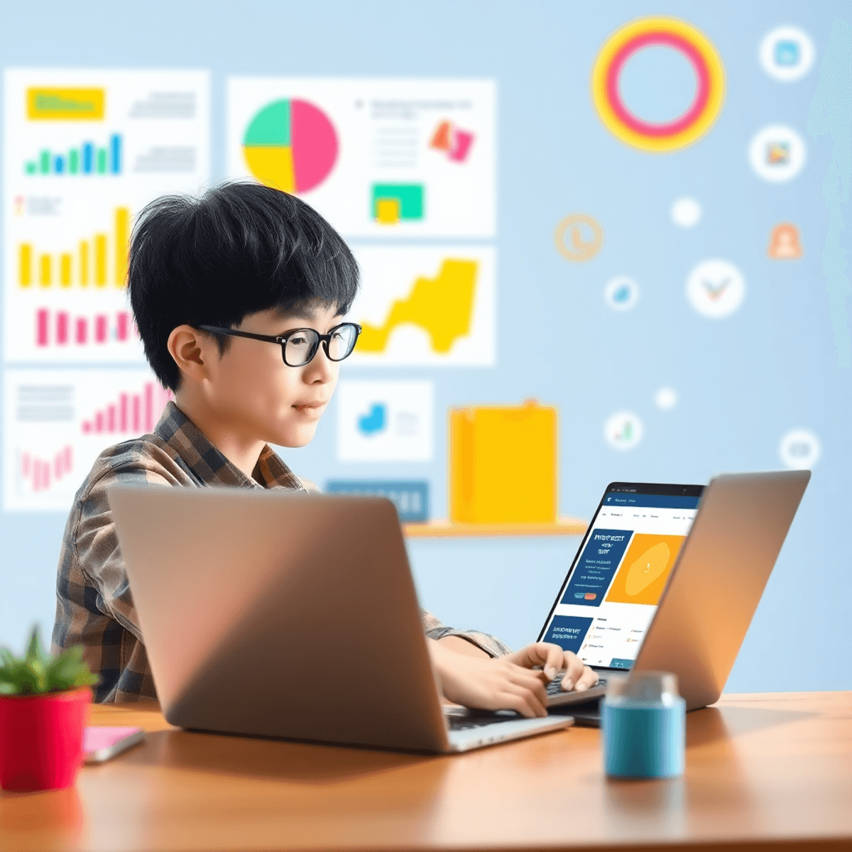 10 importance of website the Backbone of Your brand A young student focused on a laptop, designing a personal website, surrounded by colorful charts and digital icons, creating an inspiring atmosphere of achievement.