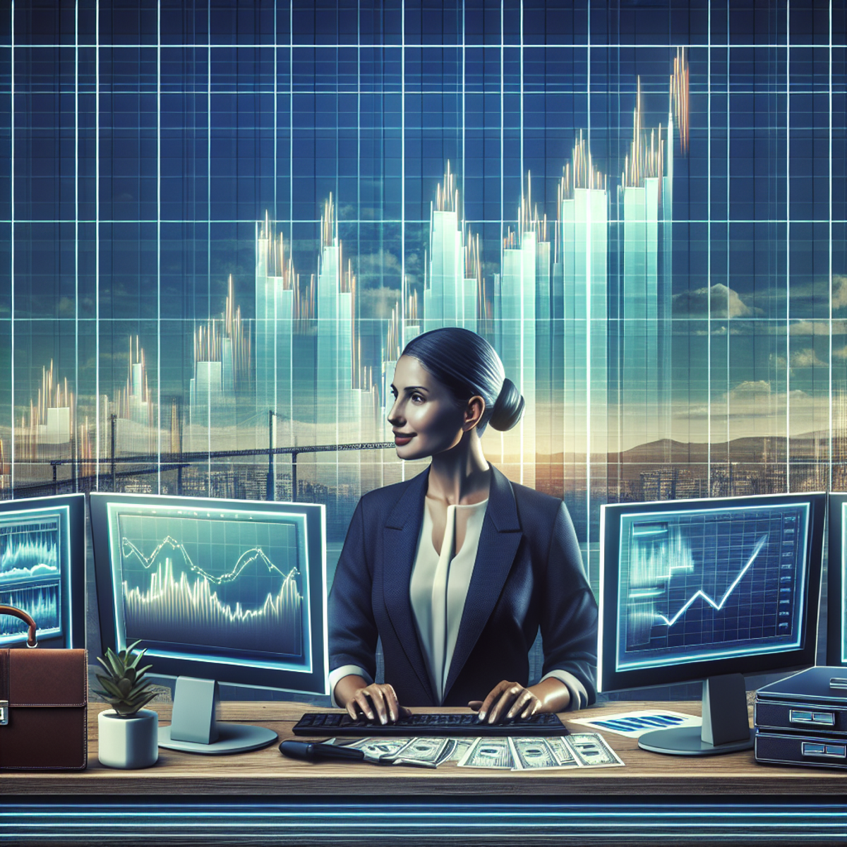 A serene Hispanic female trader sits confidently at her station, surrounded by multiple computer screens displaying rising graphs. A full briefcase nearby hints at wealth, with a peaceful cityscape in the background indicating stability.