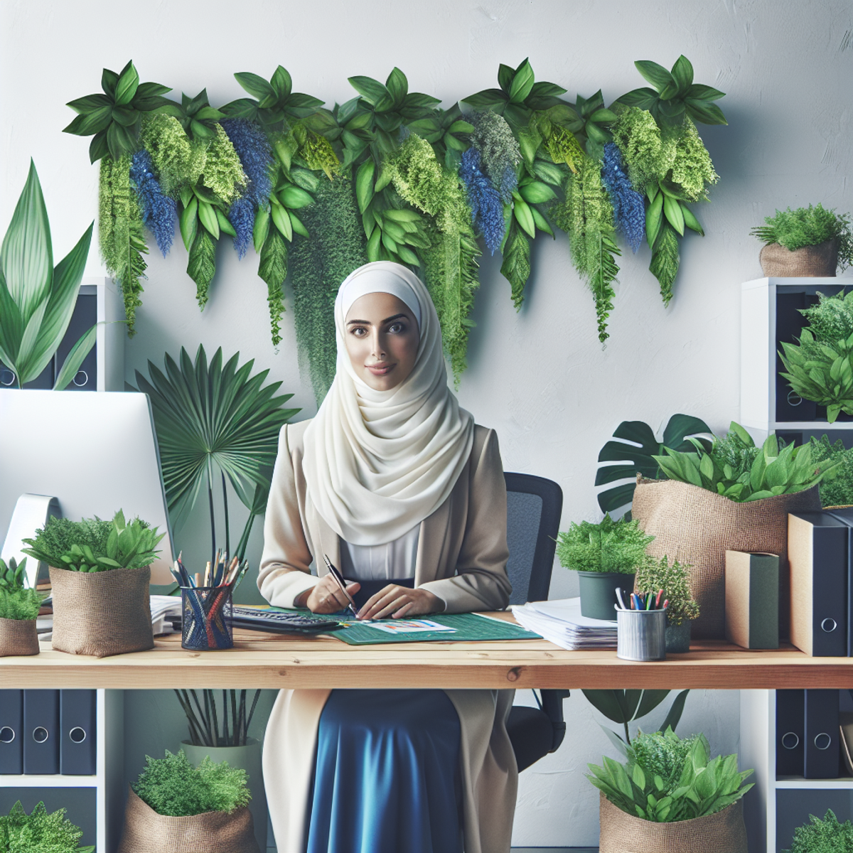 A woman sits at a desk surrounded by lush green plants, working with a focused and positive expression.