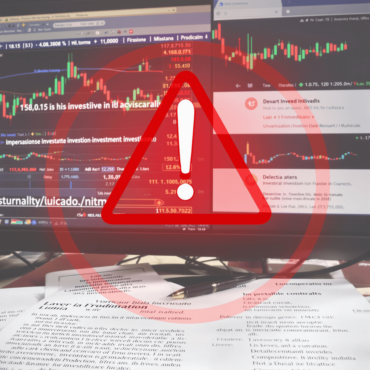 Red alert symbol over a blurred computer screen showing financial charts, suspicious investment URLs, and faint Italian regulatory documents in the background.