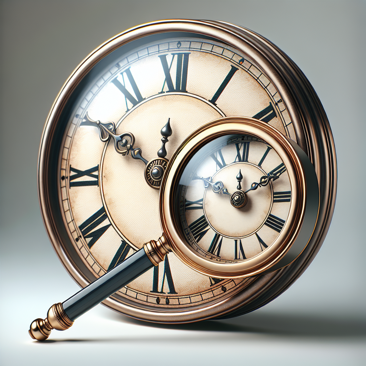 A vintage round wall clock being magnified by a classy magnifying glass.