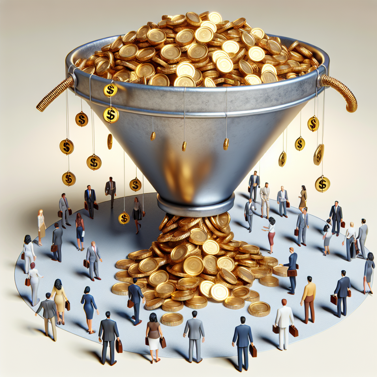 A 3D silver sales funnel overflowing with miniaturized gold coins, surrounded by diverse sales representatives in professional attire.