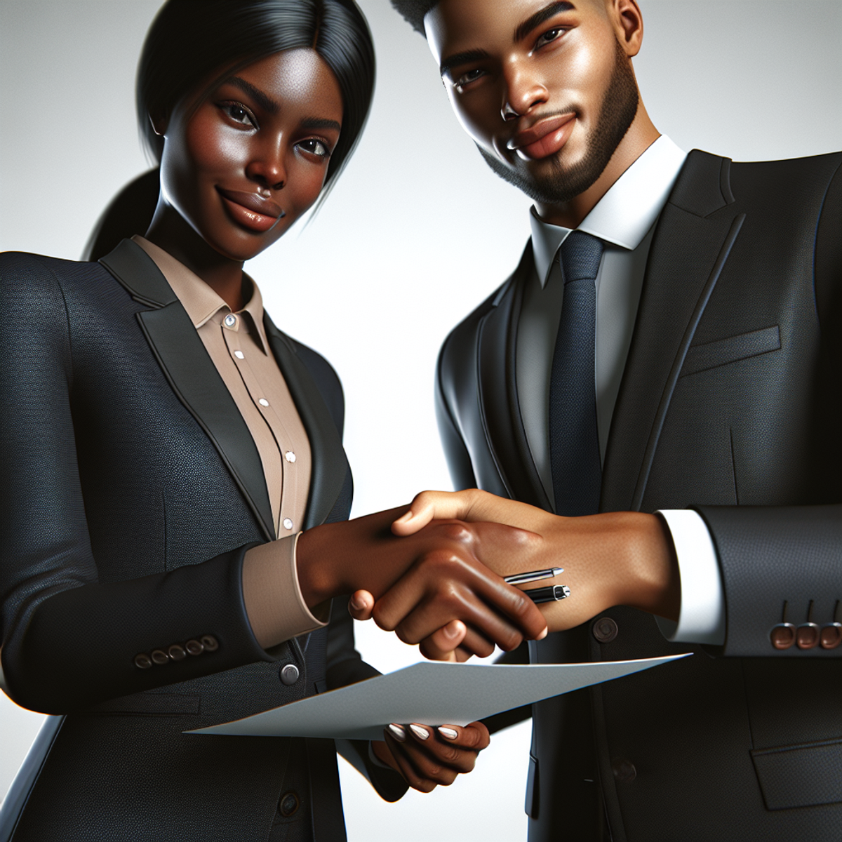 A Black woman and Hispanic man in business attire shaking hands in agreement.