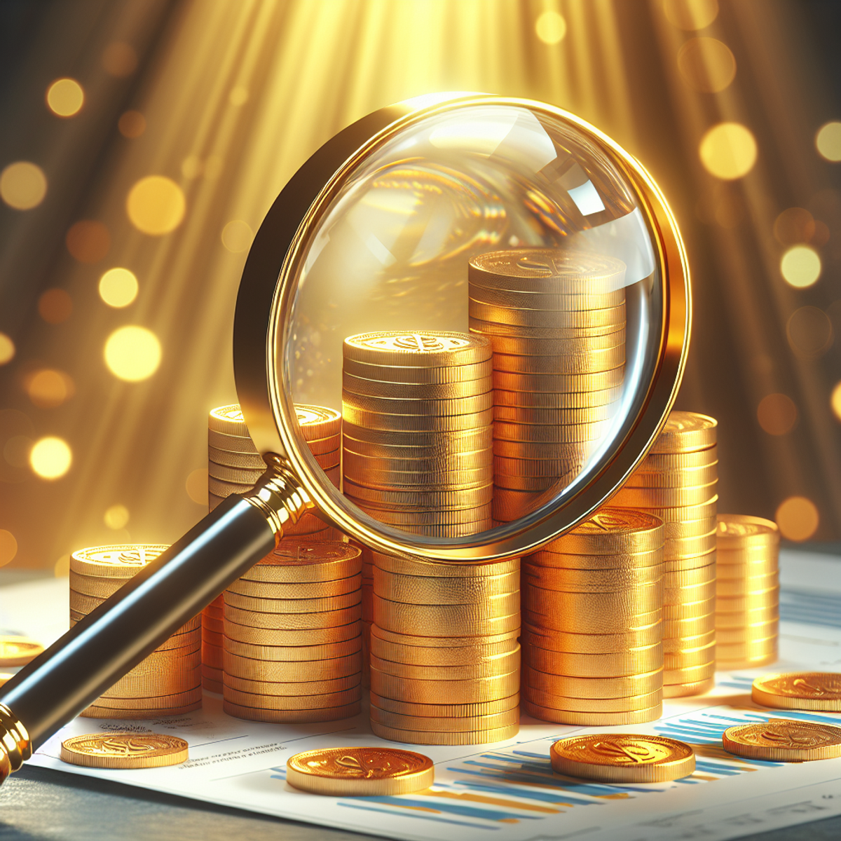 A magnifying glass hovers over a stack of gold coins, symbolizing scrutiny and potential increase in revenue.