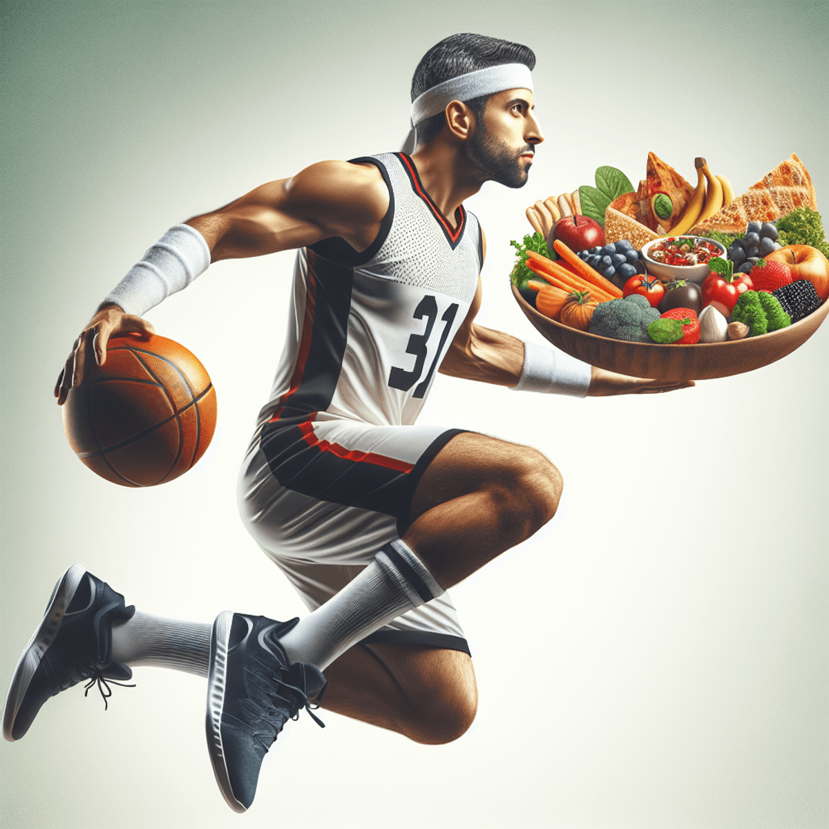 A Middle-Eastern male basketball player jumping in the air with a focused expression, wearing a basketball jersey and sneakers. A floating plate of nutritious and colorful foods is next to him, highlighting the connection between nutrition and performance in basketball.
