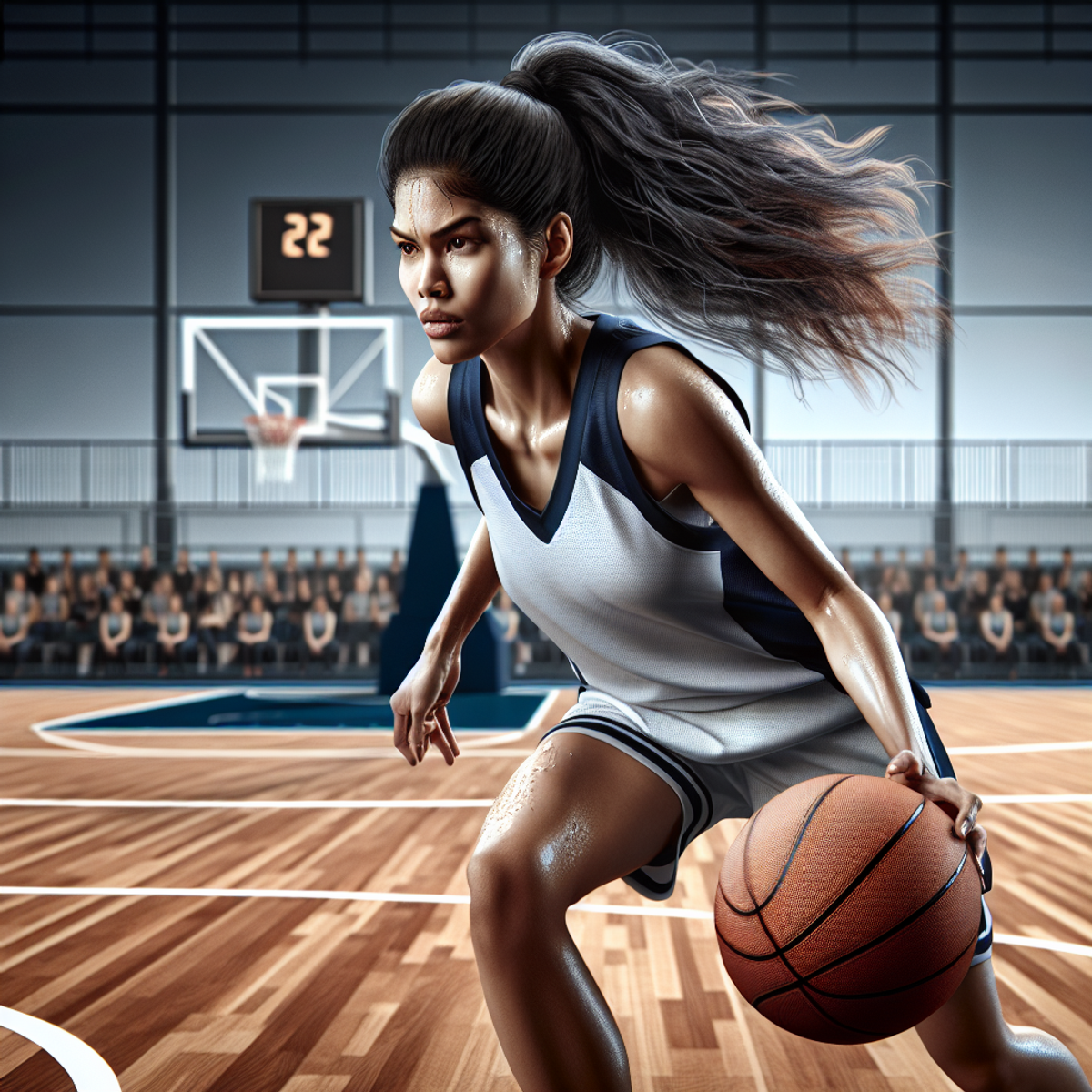 A determined South Asian female basketball player dribbling the ball with intense focus on a basketball court.