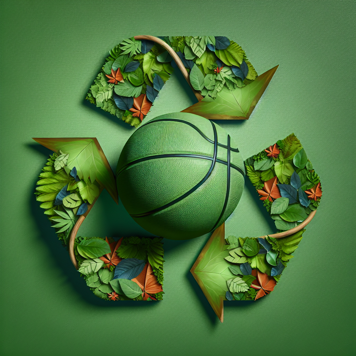 An eco-friendly basketball made from sustainable materials, surrounded by lush green foliage and an abstract recycling symbol.