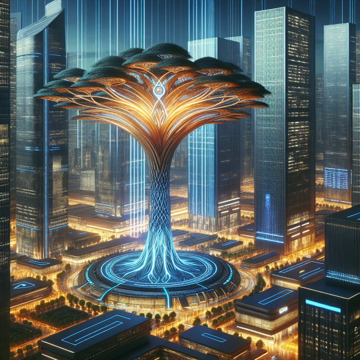 Futuristic cityscape with radiant, monumental rainforest tree structure at center.