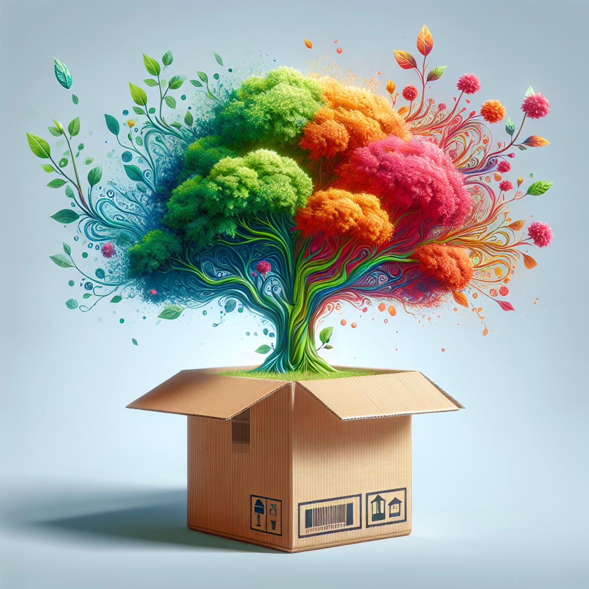 A blossoming tree emerging from a shipping box, representing eco-friendly practices in online selling.