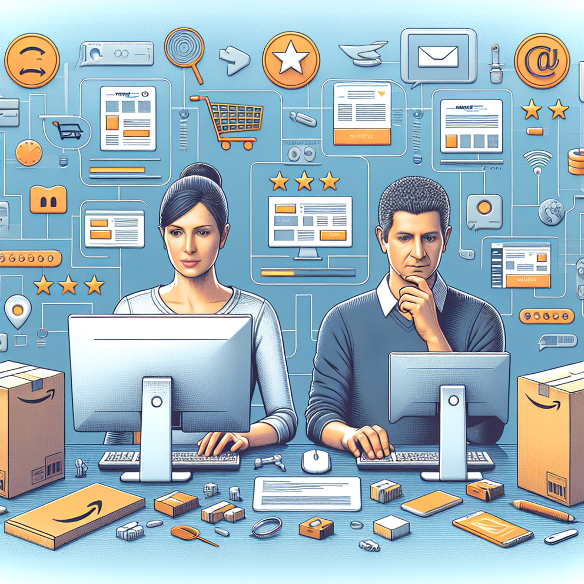 A woman and a man sit at computers surrounded by e-commerce symbols.