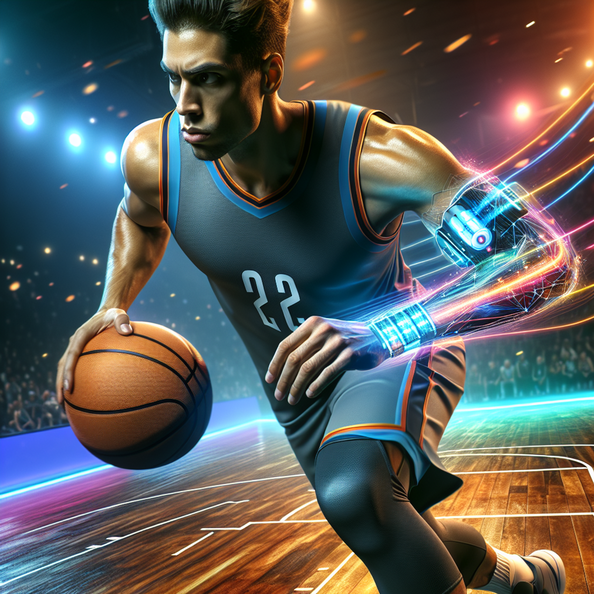 A Hispanic male basketball player in action on a vibrant basketball court, wearing a futuristic, high-tech wristband with visible sensors emitting a glow.
