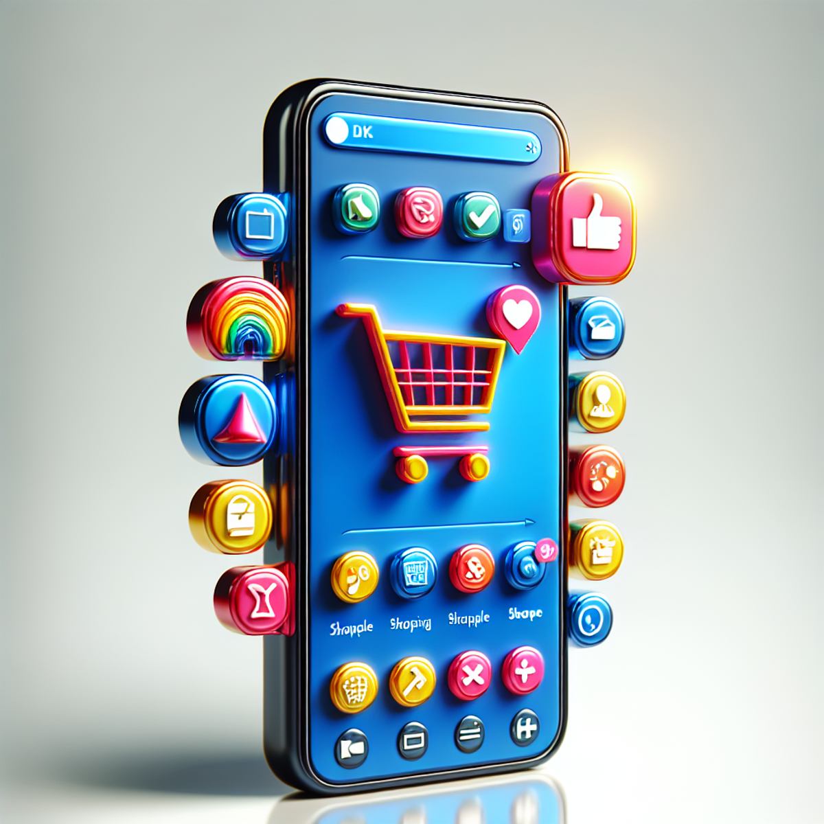 Online shopping mobile app on a smartphone with shopping cart icon and thumbs-up symbol.