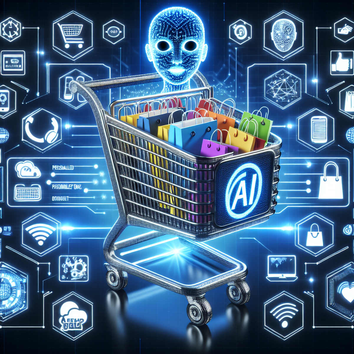 A futuristic shopping cart with glowing lights and holographic displays, filled with diverse products and accompanied by a friendly AI assistant.