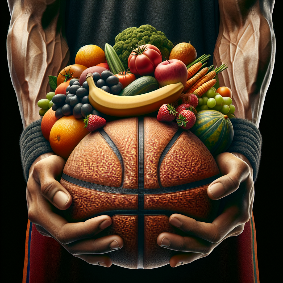 A close-up of a male South Asian basketball player's hands holding a variety of fruits and vegetables, with visible basketball texture.