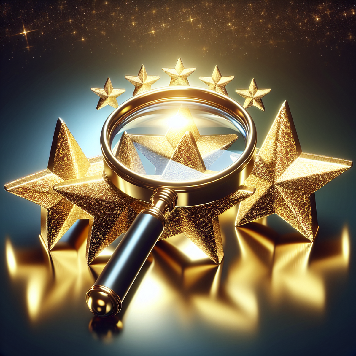 A golden magnifying glass hovers over five radiant gold star ratings, symbolizing scrutiny and customer satisfaction.